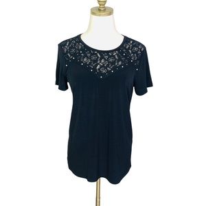 Karl Lagerfeld Black Lace & Pearl Knit Tee XS 3367